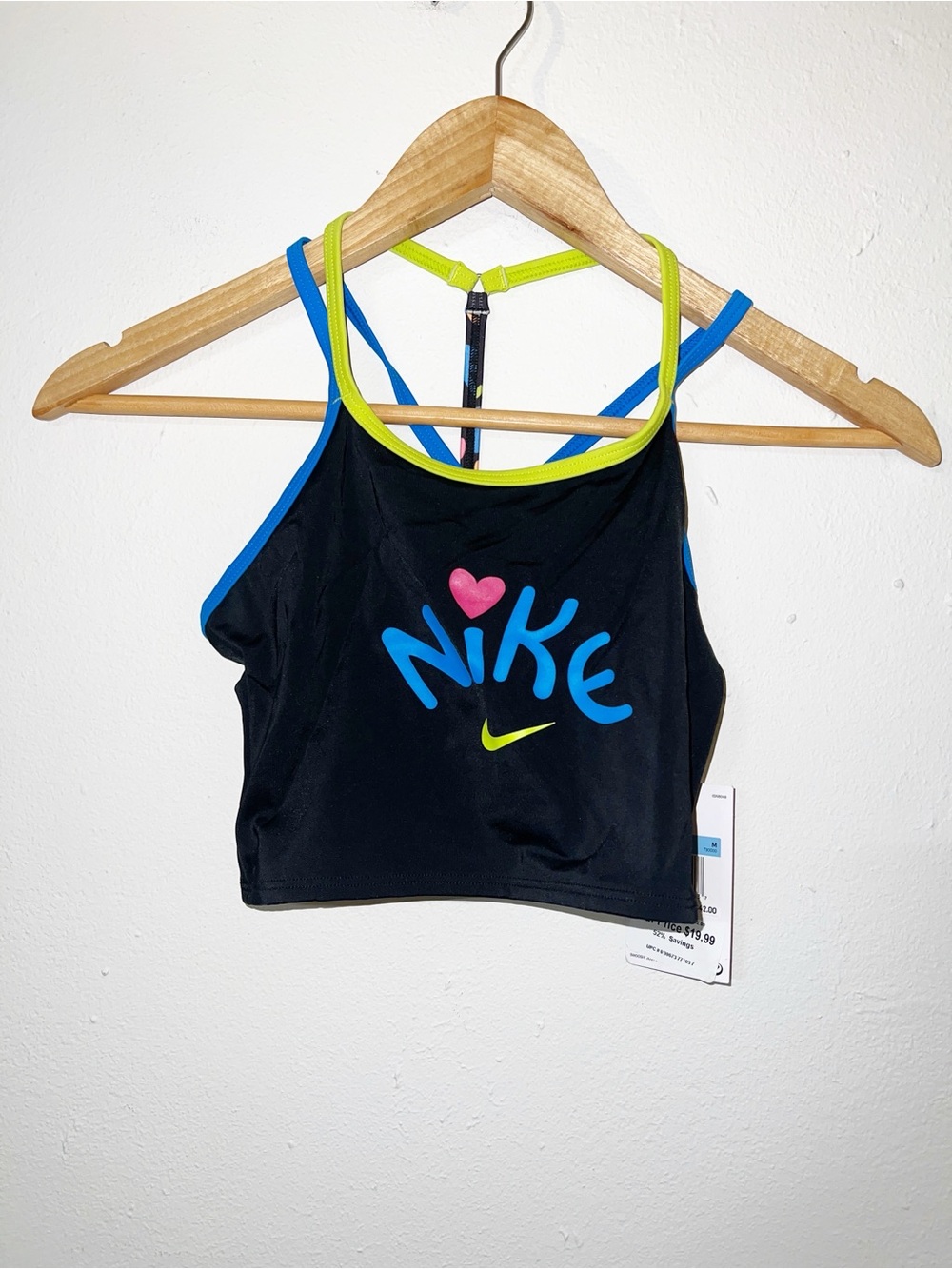Girls Nike Swim Black Athletic Swim Top with Blue And Yellow Trim New